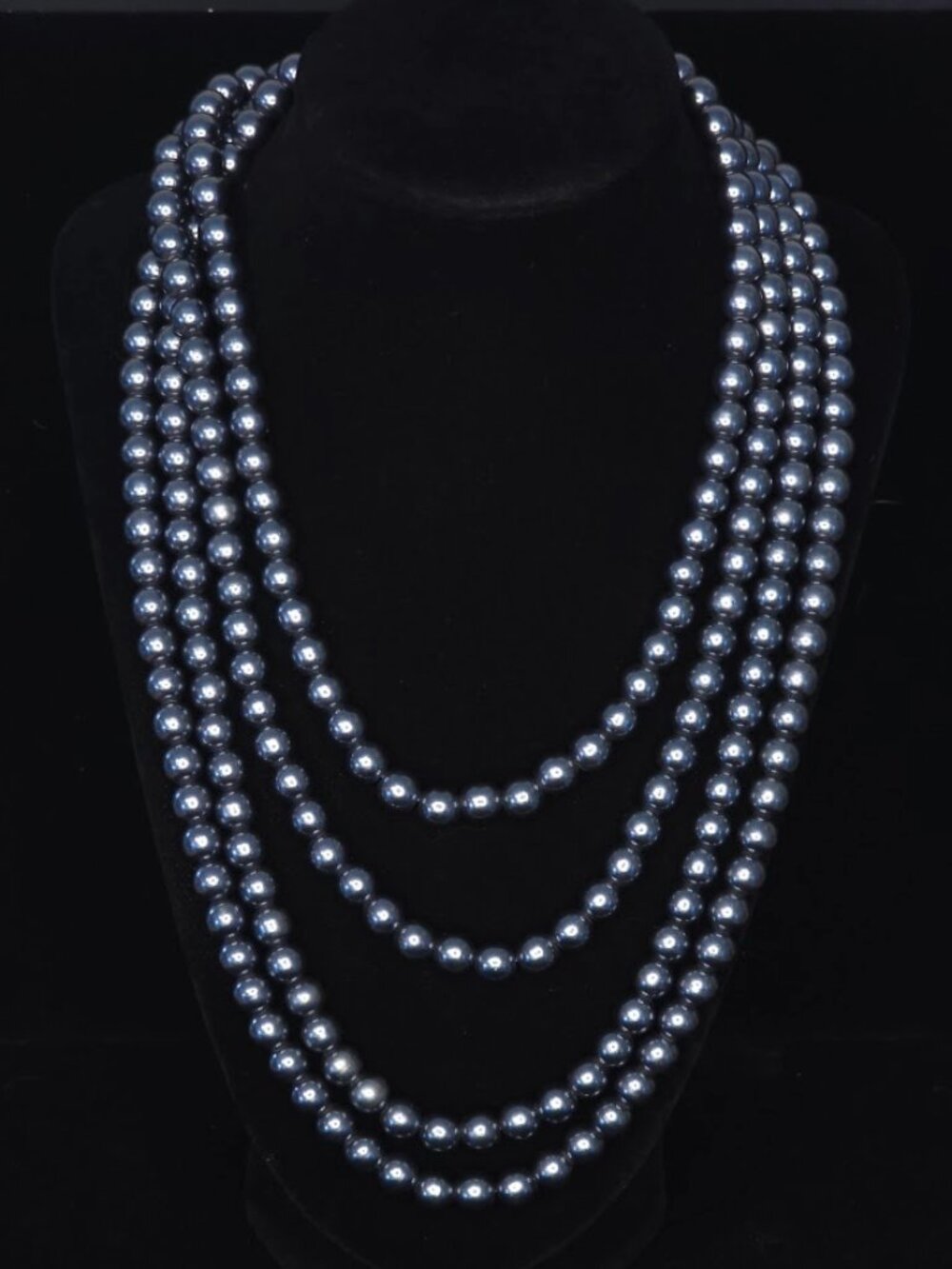 Vintage Triple Strand Slate Blue Faux Pearl Necklace